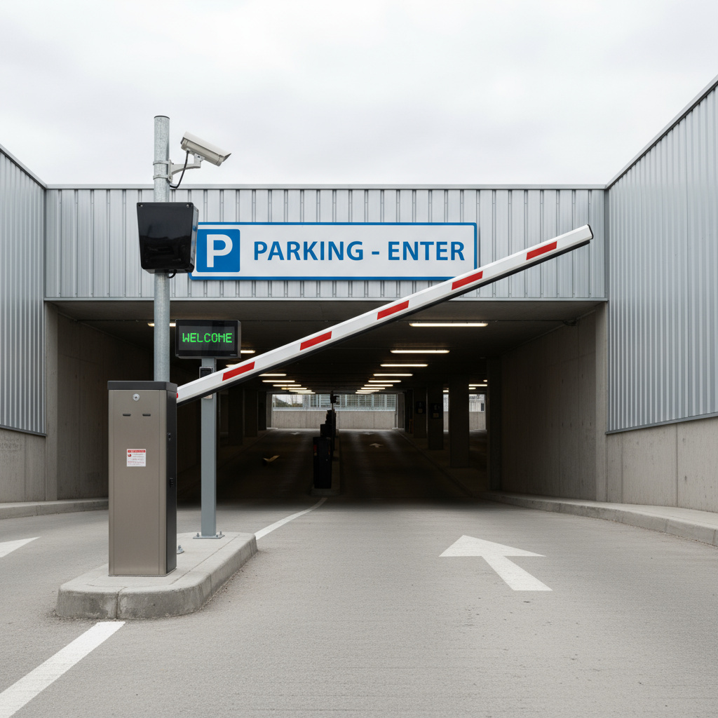 Parkplatzeinfahrt mit Schranke und Kamera